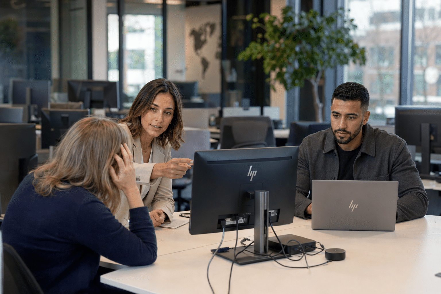 Wifi4All Customer Success Specialist en Technical Support Specialist ondersteunen medewerker tijdens een Microsoft Teams storing in een modern Nederlands kantoor met HP hardware en zakelijke wifi infrastructuur.