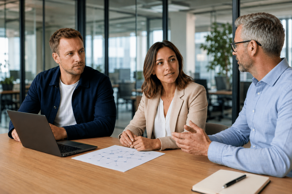 Drie professionals bespreken netwerkbeveiliging en compliance tijdens een strategisch overleg in een modern Nederlands kantoor.