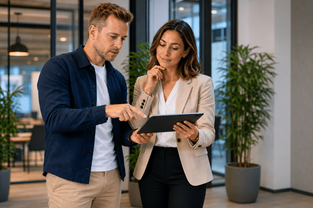 IT-consultant en customer success specialist bespreken een zakelijke wifi-oplossing in een modern Nederlands kantoor.